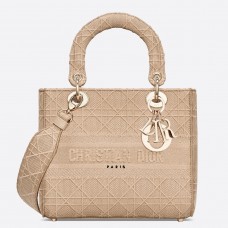 Dior Medium Lady D-Lite tas in beige geborduurd canvas Dior Medium Lady D-Lite tas in beige geborduurd canvas